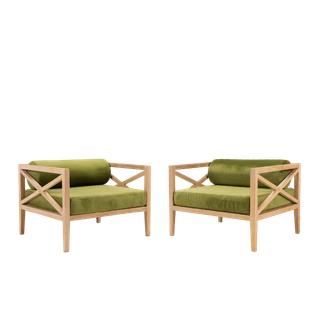 back view of pair of contemporary light wood armchair rentals with green velvet cushions