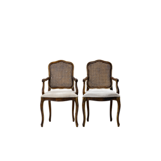 pair of wooden and neutral upholstered chairs 