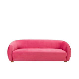 back view of velvet pink modern sofa rental