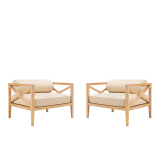 back view of pair of light wood armchair rentals with neutral cushions