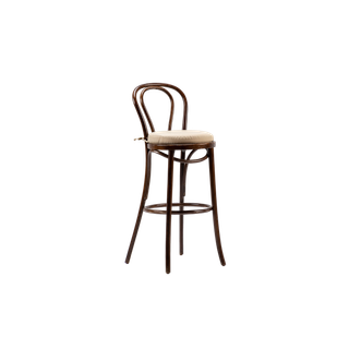 brown wood bentwood style barstool with neutral cushion