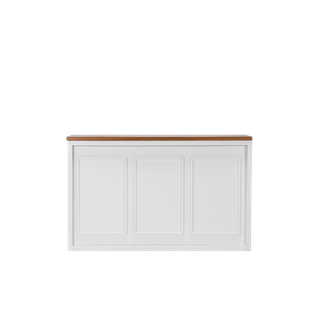white shadowbox bar with a white customizable insert featuring stately crown molding and a wood bar top