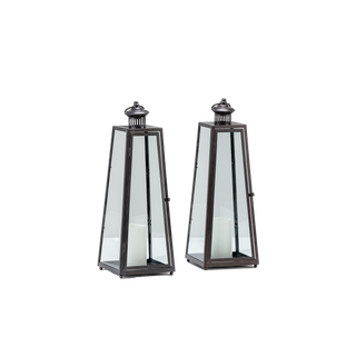 pair of angled black metal and glass lanterns with LED candles inside