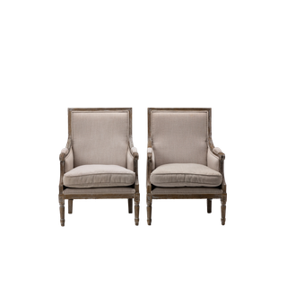 pair of gray upholstered neutral armchairs with wood trim and legs