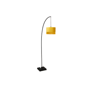 black metal freestanding pendant stand with a mustard yellow velvet pendant as event rental
