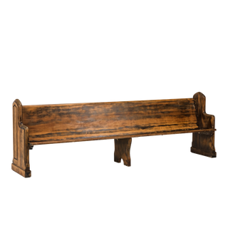 solid oak church pew with a dark wood stain