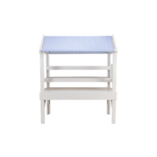 market stand with royal blue and white striped awning available to rent for events