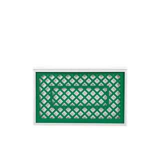 white shadowbox bar with green lattice insert and white top