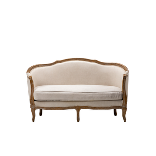 curved back settee upholstered in neutral linen with a wood trim