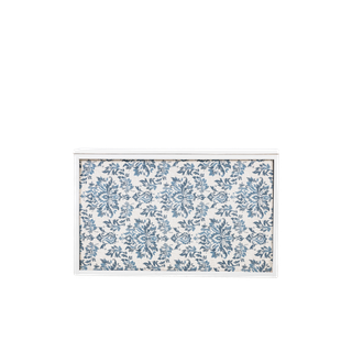 white shadowbox bar with blue fabric insert and white top