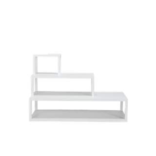 white wooden shelving with several tiers for storage 