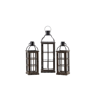 trio of wooden and metal lanterns 