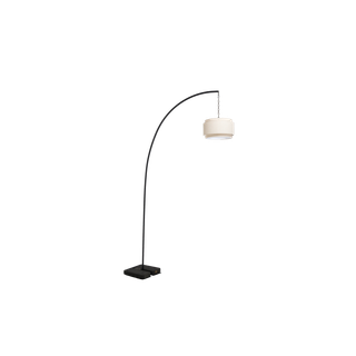 a neutral round linen pendant hanging from a black metal freestanding stand