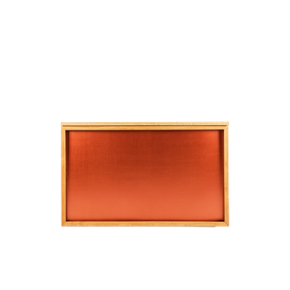 light wood shadowbox bar with copper insert and a lightwood bar top