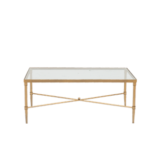 large rectangular brass and glass coffee table rental at event