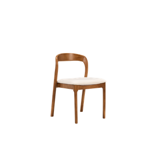 back view of contemporary wood dining chair rental with cushioned seat