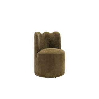 back view of upholstered green chair with scalloped back