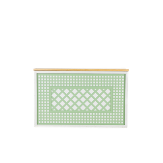 white shadowbox bar with a light green lattice insert and a light wood bar top