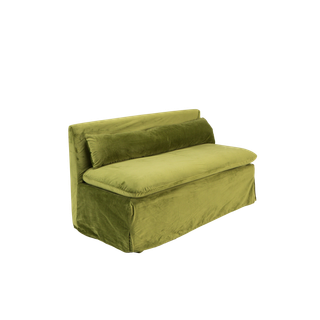 back view of green velvet banquette bench rental for events