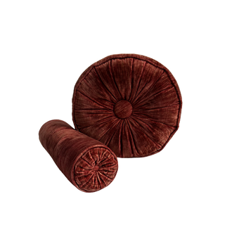 Antique deep red button pillows available for rent from Relics Rentals