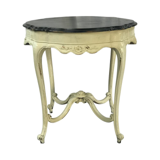 vintage french round accent table with white base and black top