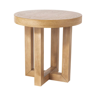 round wood accent table with geometric shape base