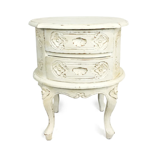 vintage white round accent table with two drawers