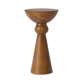 wood hourglass shape accent table with brass accents