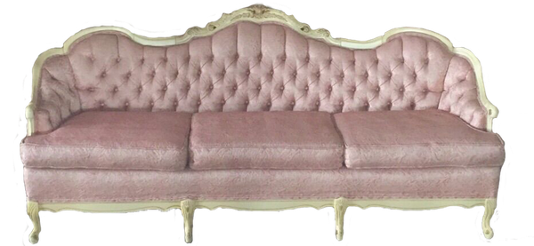 Vintage pink victorian damask sofa with white wood trim