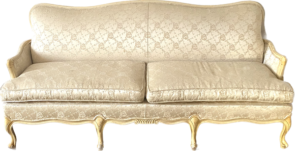 Vintage ivory brocade sofa with ivory wood trim