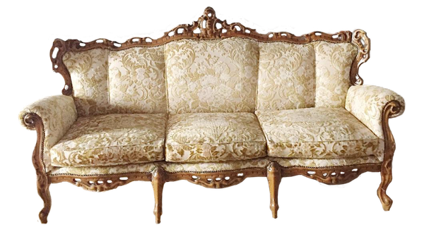 Vintage beige brocade victorian sofa with light wood filigree trim