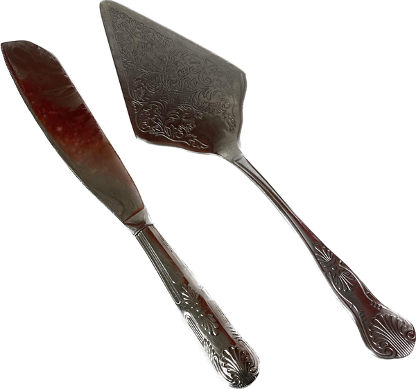 Silver cake cutting set etched with floral design