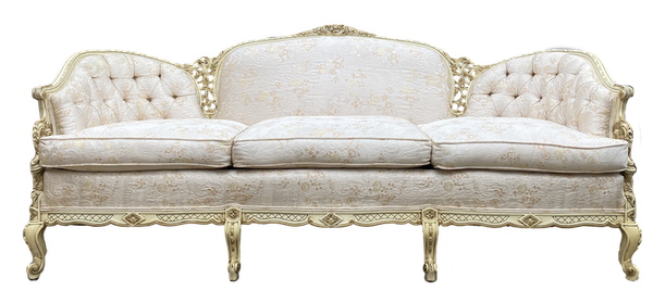 Vintage white damask victorian sofa with white and gold wood trim