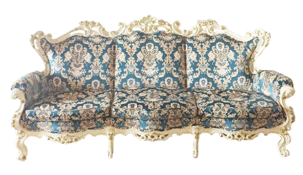 Vintage victorian teal and yellow brocade sofa with filigree white wood trim