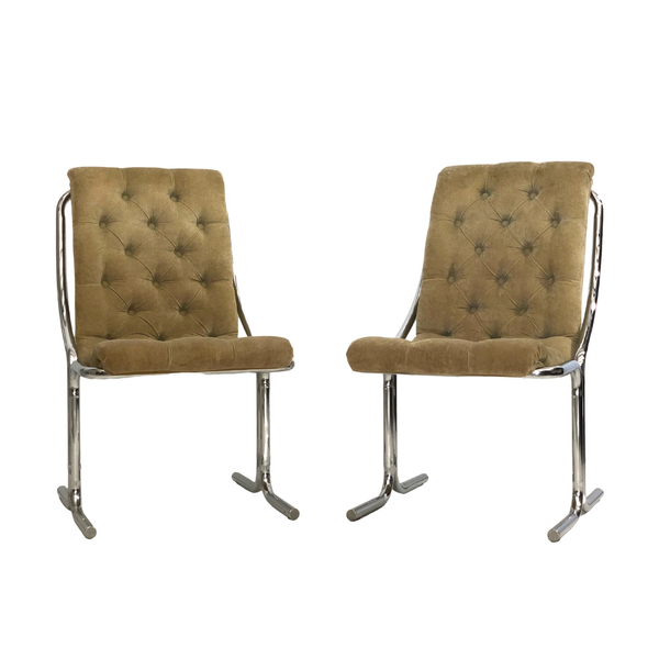 Champagne velvet tufted chairs with chrome legs