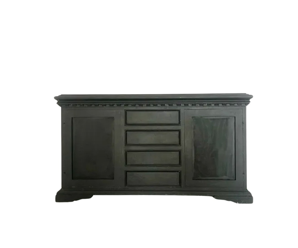 Black detailed bar with shelving behind
