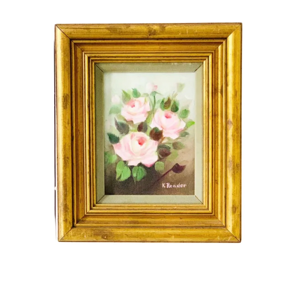 Pink garden roses framed in a gilt gold vintage frame