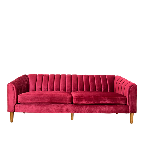 Cranberry velvet channelback sofa