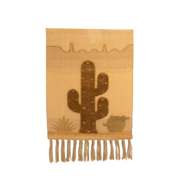Original 70's woven wall art featuring cactus scene and fringe