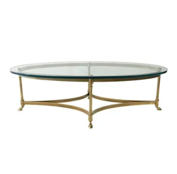 vintage labarge table with brass hoof base and glass top