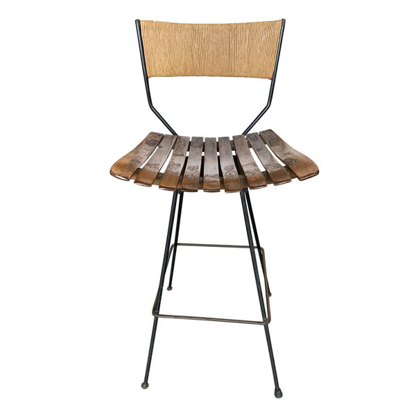 Arthur Umanoff Style Slat Wood Bar Stools
Midcentury wicker iron counter stool