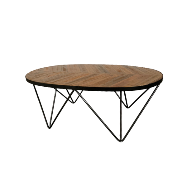 oval wood coffee table with black metal legs 