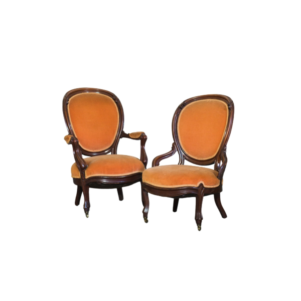 vintage orange velvet chairs with wood trim 