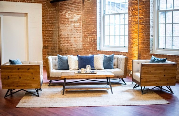 Linen industrial sofa with two industrial linen chairs