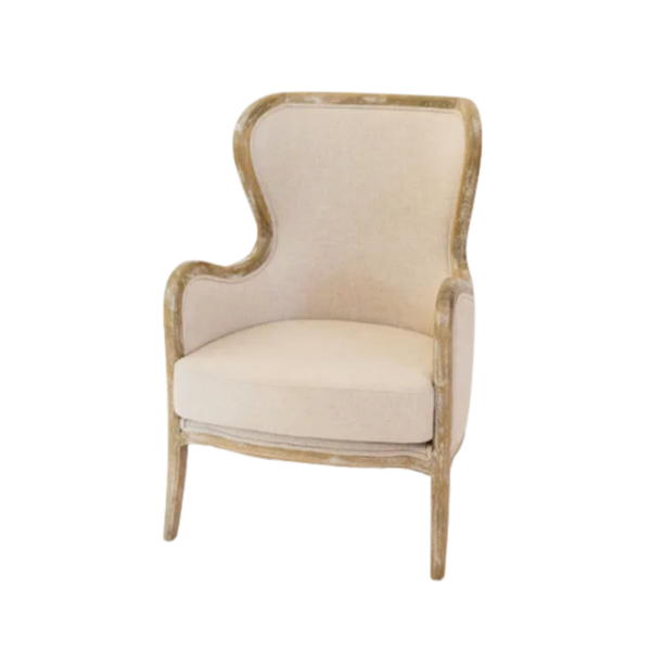 curved tan chair with wood trim 