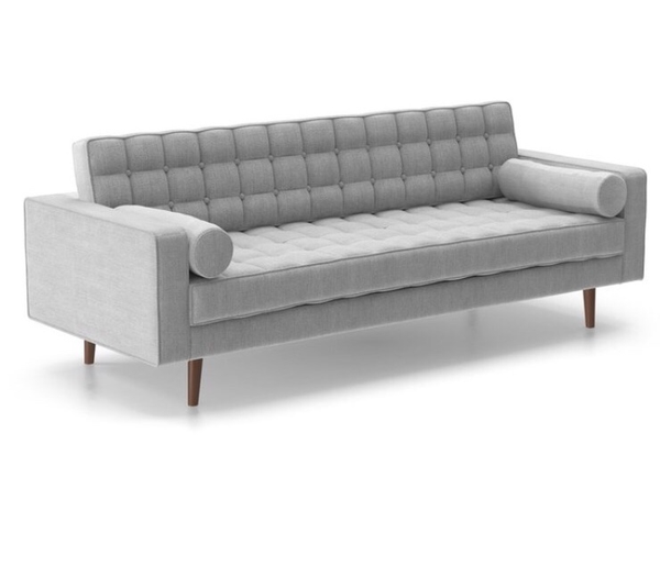 gray tufted mid-century sofa 