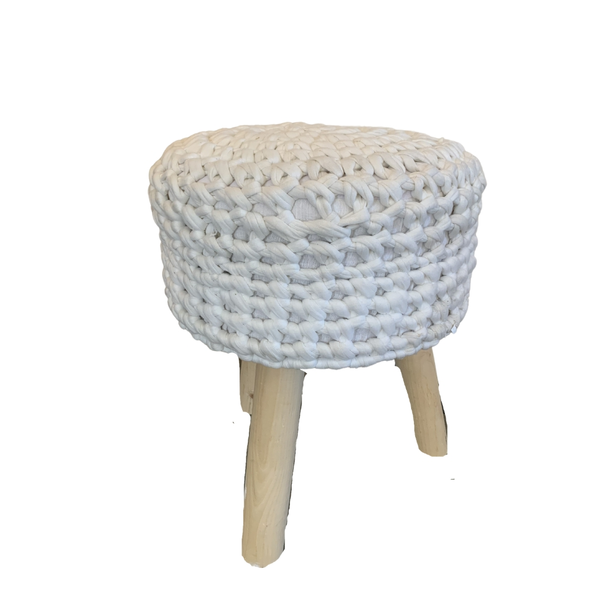 white knit stool with light wood legs 