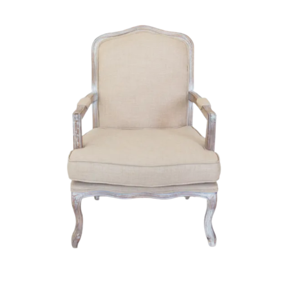 linen chair with gray tone wood trim