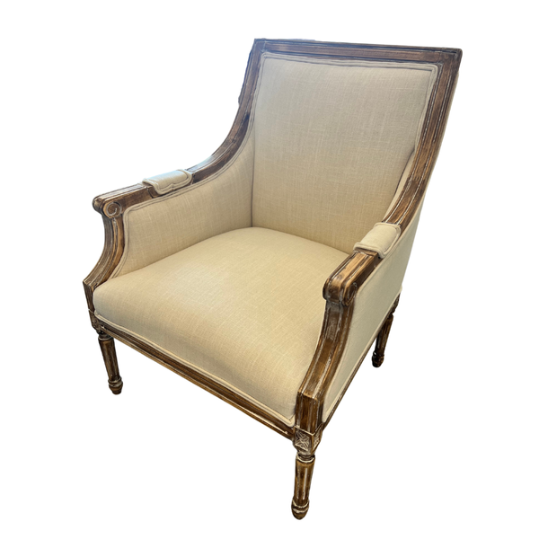 square back cream linen chair with wood trim