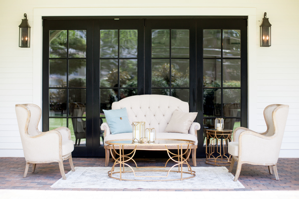 Linen settee with two linen chairs, gold coffee and side tables 